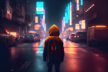 Back view of lost child was standing in the middle of a street with hoodie costume in the cyberpunk dark city background. People and lifestyles concept. Digital art illustration. Generative AIの素材