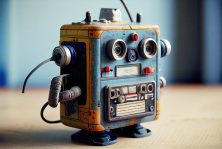 Retro tin robot toy on the minimal background. Playful and fun concept. Generative AIの素材