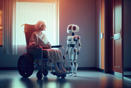 Nursing care robots take care of elderly patients in hospitals. Medical technology and healthcare concept. Generative AIの素材
