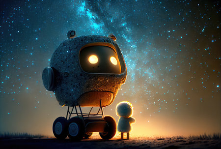 Robot nanny take care of baby to watching starry night landscape mountain and milky way sky background. People technology and Astrology science concept. Digital art fantasy illustration. Generative AIの素材