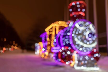 MOSCOW, RUSSIA - DECEMBER 15, 2018: Blurred Sireneviy park. LED light garlands and lightsのeditorial素材