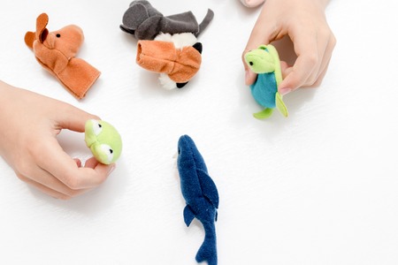 A caucasian boy playing finger puppets, toys, dolls - figures of animals, heroes of the puppet theatre put on fingers of human hand.の写真素材