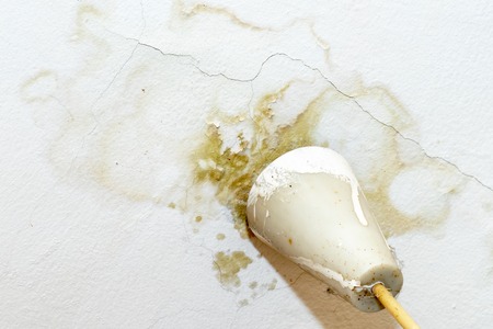 Rain water leaks on the ceiling because of damaged roof causing decay, peeling paint and moldy.の写真素材