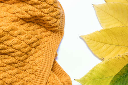 Yellow autumn leaves and knitted sweater as a fall background