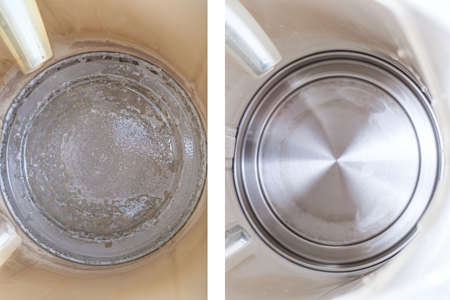 Limescale, lime scale in old kettle in kitchen. A white, chalky residue of calcium carbonate. Household appliances repair caused by hard water, cleaning kettle before and afterの写真素材