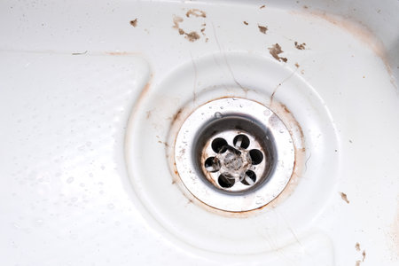 A sink drain hole with limescale or lime scale and rust on it, dirty rusty bathroom washbowlの写真素材