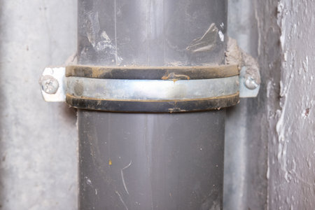 Plastic sewer pipe with a clamp, pipeline in a house close upの写真素材
