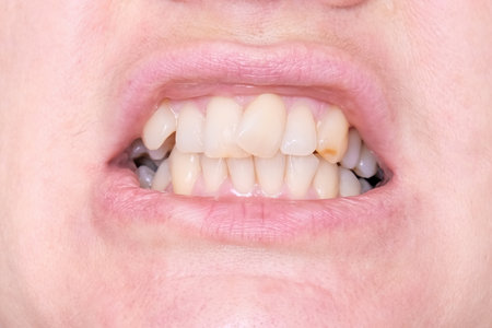 Adult woman teeth with malocclusion close up, orthodontic problem and preparing for treatment, crooked teeth before installing bracesの写真素材