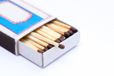 Match box full of matches close up on white backgroundの写真素材