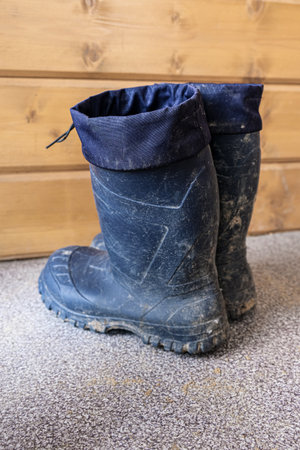 Dirty blue rubber boots after darden work, rustic life and work conceptの写真素材