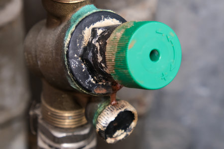 Worn woter supply equipment, leaking corroded water flow regulator, reducer, plumbing repair concept