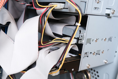 A computer system that has numerous wires protruding from its exterior components, indicating its...