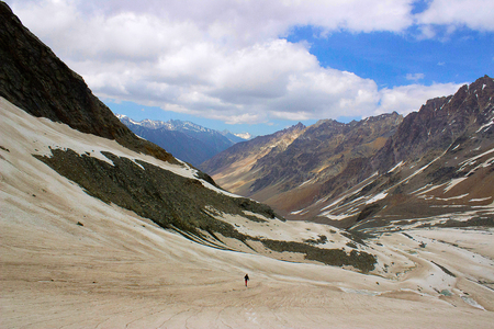 A man lost in the vastness of the snow clad mountain