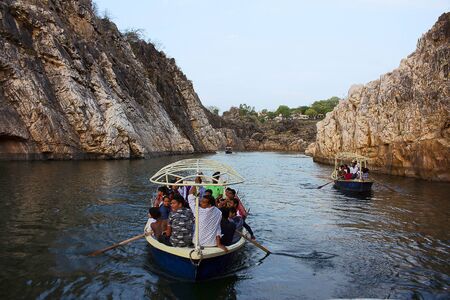 Tourists boating, Bhedaghat, Madhya Pradeshのeditorial素材