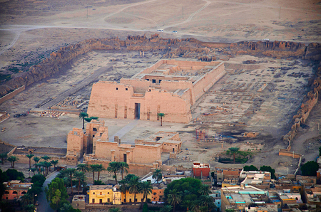 Aerial view of Luxor city and the temple of Habu for Ramses the third, Medinet Habu, Luxorの写真素材