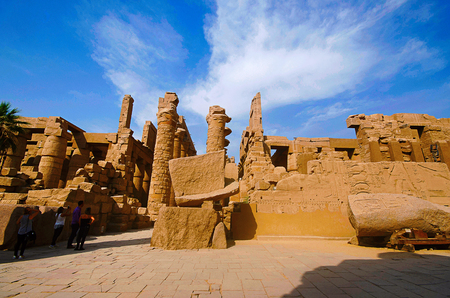 Inner view of a temple and carved pillars of the great hypostyle hall in the Precinct of Amon Re,...