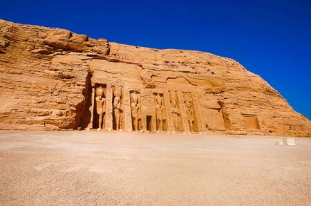 Outer view of the temple dedicated to Pharaoh Ramsesses second's Queen Nefertari, The twin temples were originally carved out of the mountainside during the reign of Pharaoh Ramesses II in the 13th century BC, as a lasting monument to himself and his queen Nefertariの写真素材