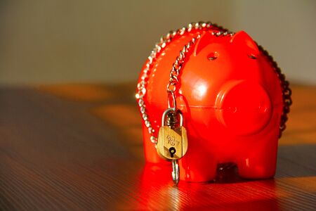 Financial concept with Red piggy bank with chain and lockの写真素材