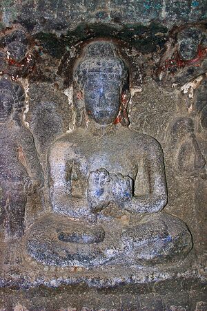 Cave 2, interior, corridor with votive panels Aurangabad Caves, Aurangabad, Maharashtra Indiaの写真素材