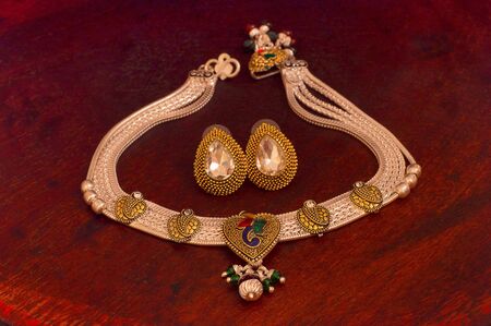 Close view of Silver necklace and earrings set, Pune