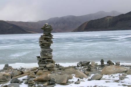 Frozen Pangong lake, Ladakh, Jammu and Kashmir Indiaの写真素材