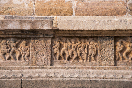 Carved panel depicting women dancing to music. Airavatesvara Temple, Darasuram, near Kumbakonam, Tamil Nadu, Indiaの写真素材