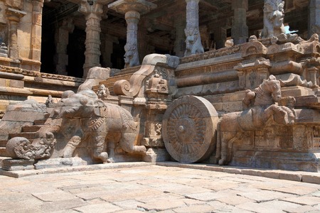 Elephants of the balustrades and galloping horses, Agra-mandapa, Airavatesvara Temple, Darasuram, Tamil Nadu, India. View from South.の写真素材