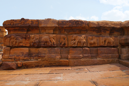 Carved figures of elephants on the adhisthana, base, Sangamesvara temple the Vijesvara, Pattadakal temple complex, Pattadakal, Karnataka, Indiaの写真素材