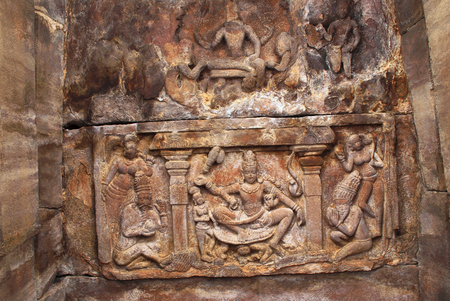 Figure of Shiva and other divine beings on the ceiling of northern mukha-mandapa, Virupaksha temple, Pattadakal temple complex, Pattadakal, Karnataka, India.の写真素材
