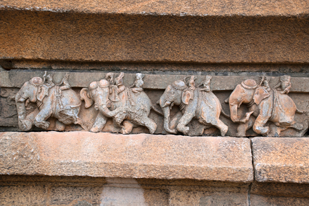 Bas-relief depicting elephant riders, Panchakuta Basadi, Kambadahalli, Mandya district, Karnataka Indiaの写真素材