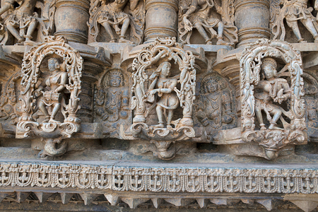 Decorative friezes with animals, dancers and other figures, Chennakeshava temple. Belur, Karnataka, Indiaの写真素材