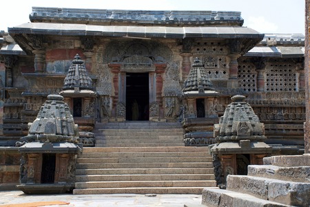 South entrance, Chennakesava temple, Belur, Karnataka, India. The minature shrines are woth noticingの写真素材