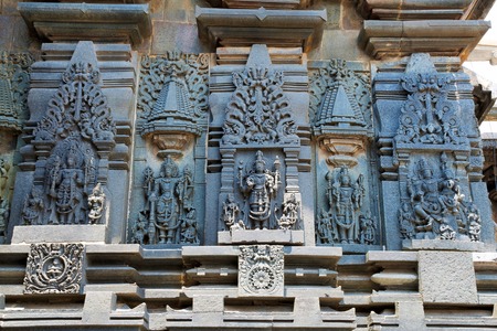 Ornate wall panel reliefs depicting Hindu deities, Chennakesava temple, Belur, Karnataka, indiaの写真素材