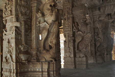 Mythical creatures called Yalis, carved on pillars. Kalyana Mandapa, Vitthala Temple complex, Hampi, Karnataka.の写真素材