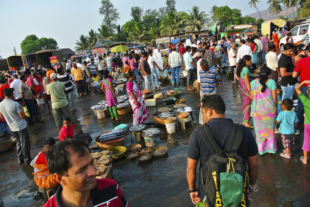 HARNEY, MAHARASHTRA, INDIA, January 2015, People at fish market in Konkan regionのeditorial素材