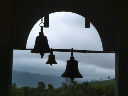 Silhouette of bells of thunder at Pali temple, Pali, Maharashtra, India