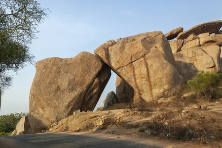 Stone Arc made of two huge boulders at Hampi, Karnataka, Indiaの写真素材