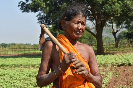 ODISHA, INDIA, October 2018, Rural woman farmer with plough.