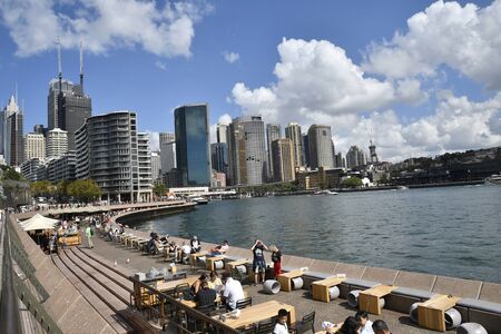 SYDNEY, NSW, AUSTRALIA, April 2019, Tourist at viewing deck along Sydney Opera House along Macquarie Station.のeditorial素材