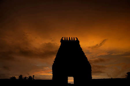 Sunset at the Chennakeshava Temple complex, is a 12th-century Hindu temple dedicated to lord Vishnu, Belur, Karnataka, Indiaの写真素材