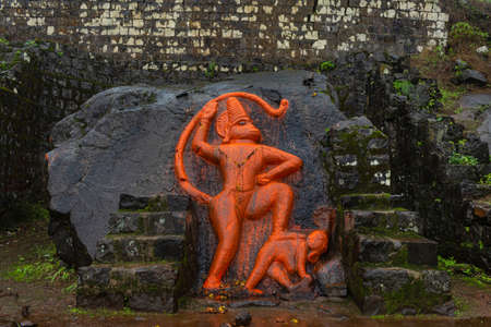Statue of Chapetdan Maruti on the middle of the Tikona Fort, Pune, Maharashtra, India.の写真素材
