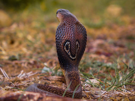 Indian spectacled cobra showing spectacle marks on back of the hood, Naja naja, Satara, Maharashtra,  Indiaの写真素材