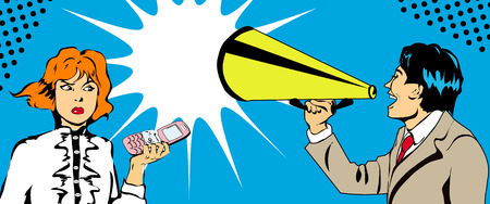 Young businessman screaming at woman, pop-art style illustrationのイラスト素材