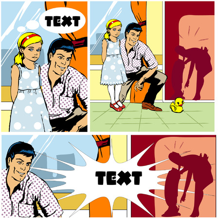 Family situation: father plays with the child and mum making apartment cleaningのイラスト素材