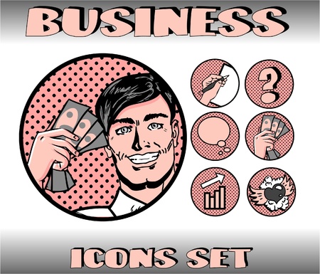 Pop Art Business Icons Set. Businessman, Money, Finance, Communication, Loveのイラスト素材