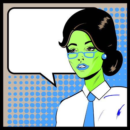 Pop Art Business Woman with Speech Bubble. Retro business smiley girl のイラスト素材