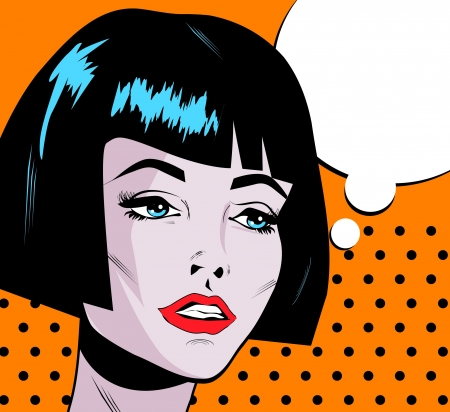 Pop Art Woman Say Beauty Fashion face with red lips and dark hair cut Pop Art Woman Say Beauty Fashion face with red lips and dark hair cut