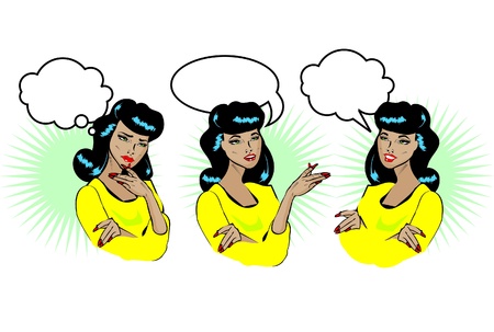 Vintage vector woman different facial expressions talking, thinkingのイラスト素材