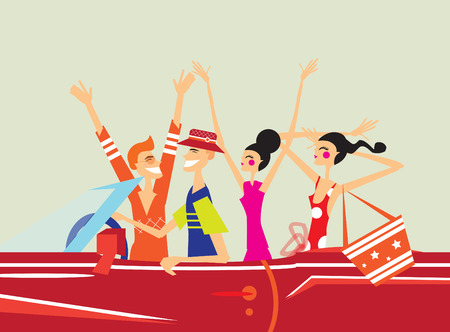 Cheerful young friends in a car on vacation tripの写真素材