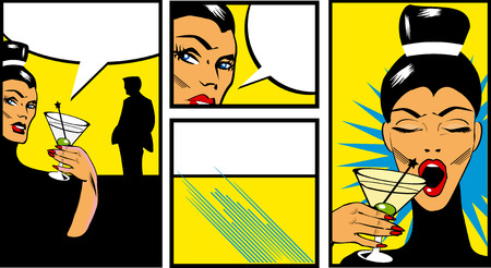 Pop art Comic Book Style Banners with beautiful woman in bar with man silhouette drinking cocktailの写真素材